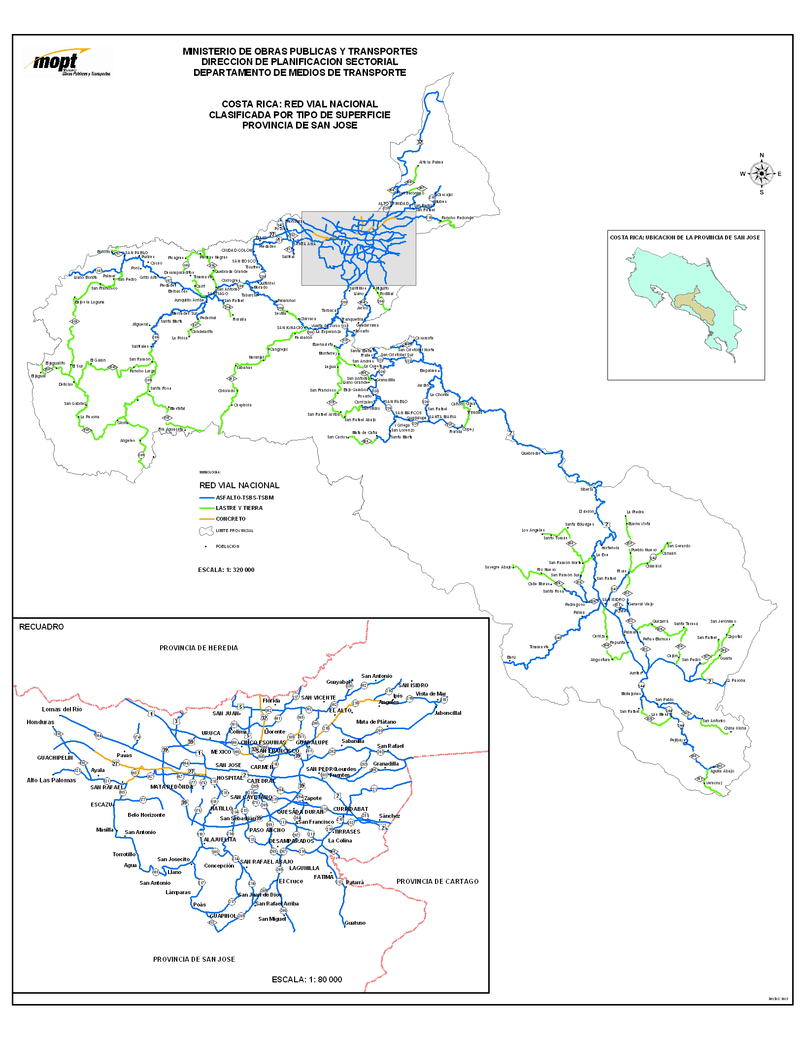 San José Province Roads, Type of Surface Map, Costa Rica